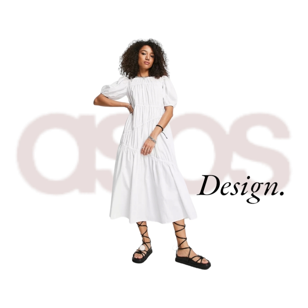 asos design Cotton Poplin Gathered Angled Tiered Maxi Dress White